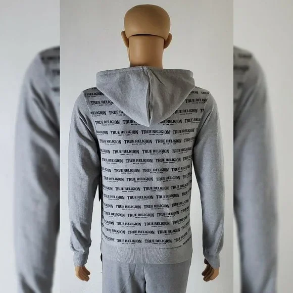 TRUE RELIGION LOUNGEWEAR HODDIE MEN ALLOVER PRINT SCRIPT REPEAT LOGO SIZE S GREY - Picture 3 of 11